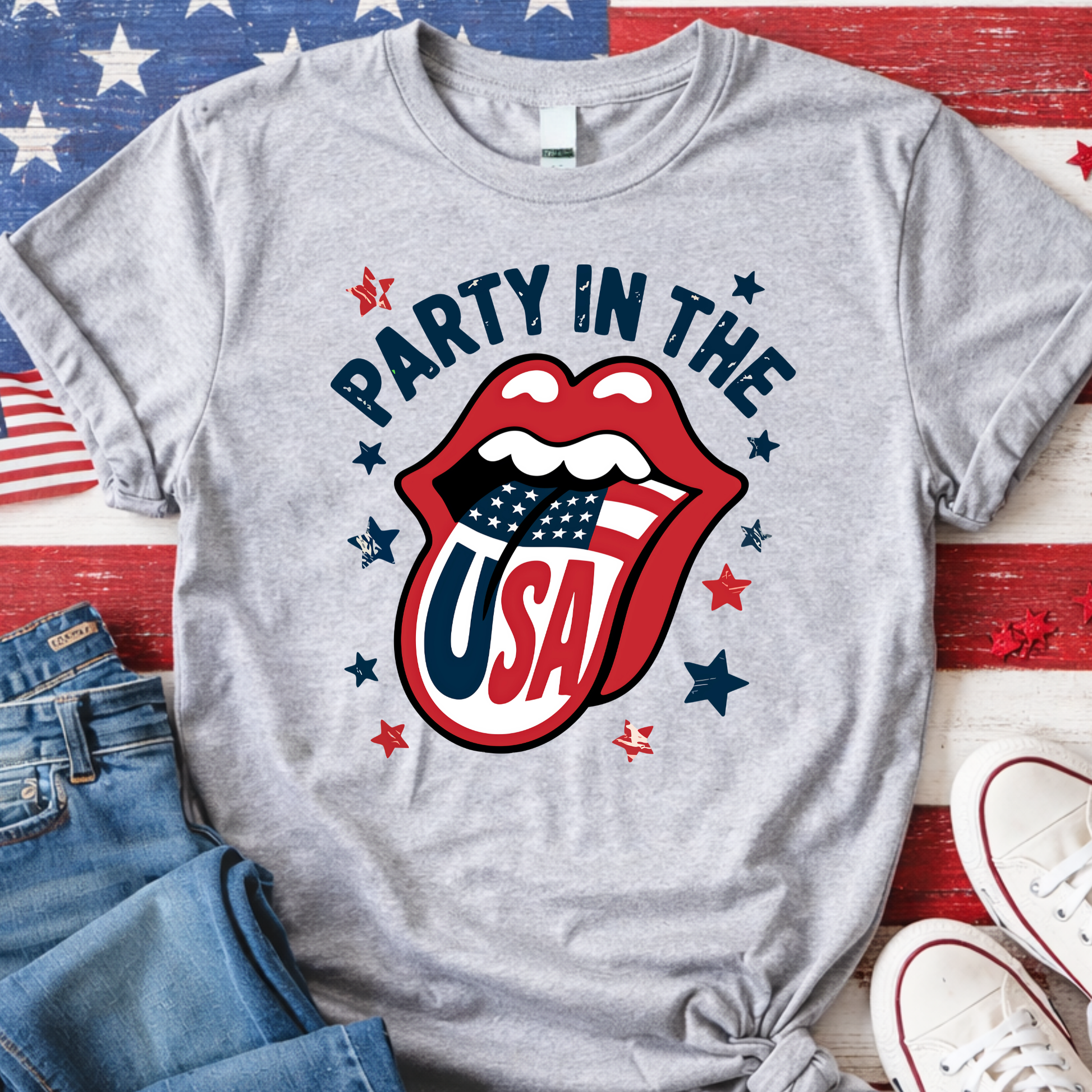 Gray t-shirt with 'Party in the USA' graphic on an American flag background