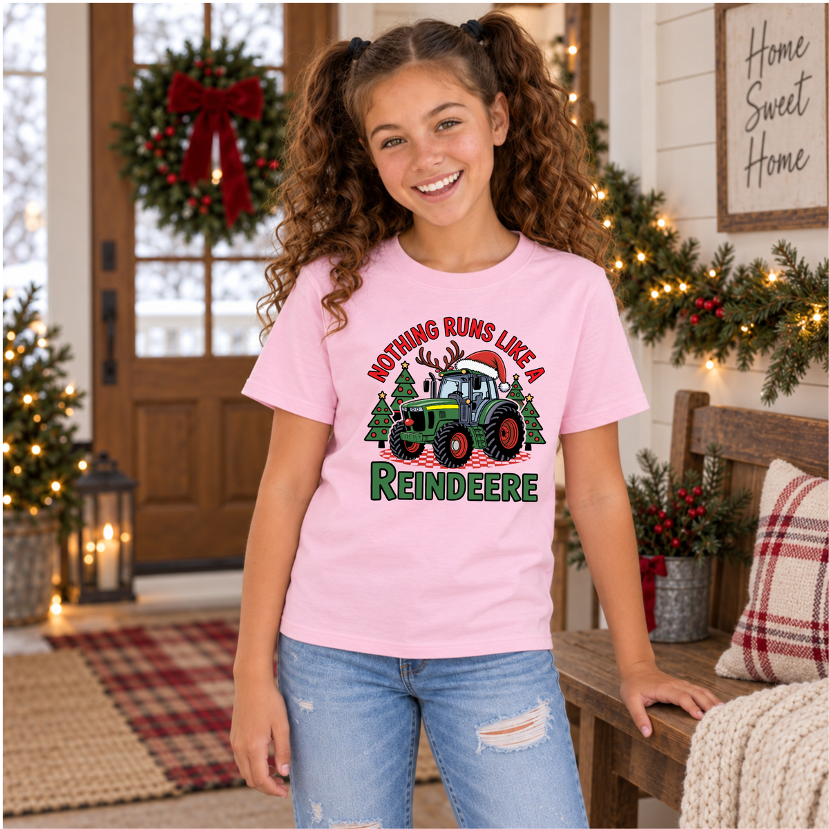 Girl wearing a light pink Nothing Runs Like a Reindeere T-shirt in a farmhouse decorated with a Christmas wreath and garland.