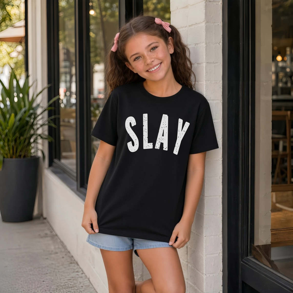 Young girl wearing a black short-sleeve SLAY T-shirt with bold white distressed lettering outside a modern storefront.