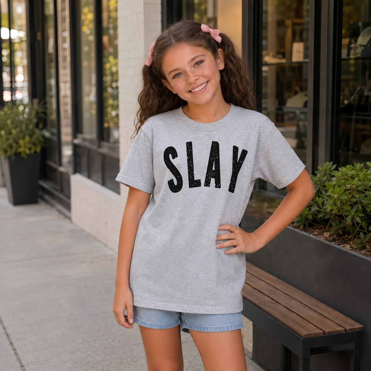 Young girl wearing a sports gray short-sleeve SLAY T-shirt with bold black distressed lettering outside a modern storefront.