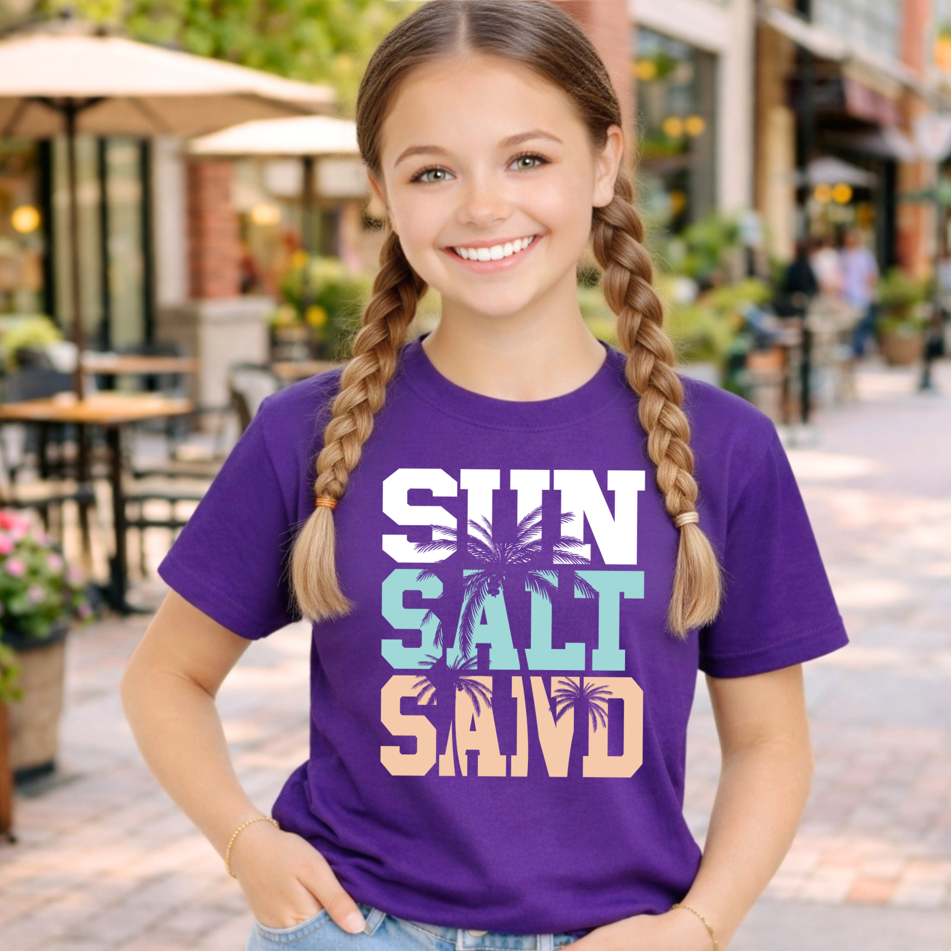 Young girl wearing a purple t-shirt with 'SUN SALT SAND' text in an outdoor setting