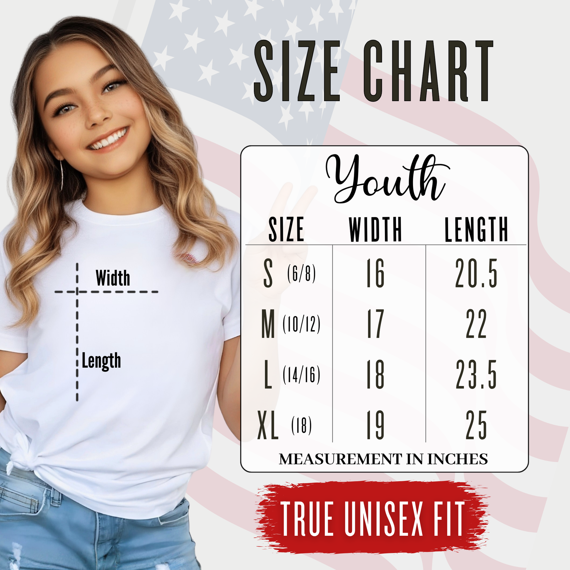 Size chart for a Youth t-shirt with measurements on a background featuring an American flag.