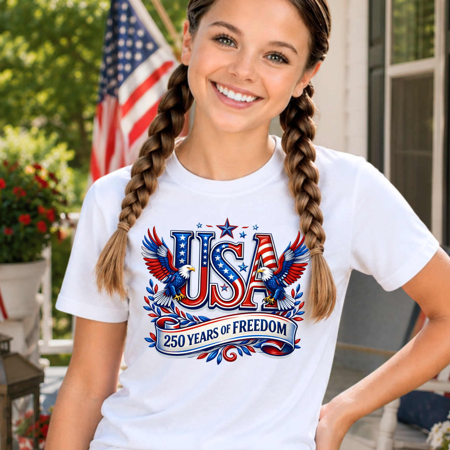 Youth girl wearing patriotic USA 250 Years of Freedom graphic shirt with eagle Americana design on sports gray, light pink, and white youth t-shirts for 4th of July and America 250 celebrations.