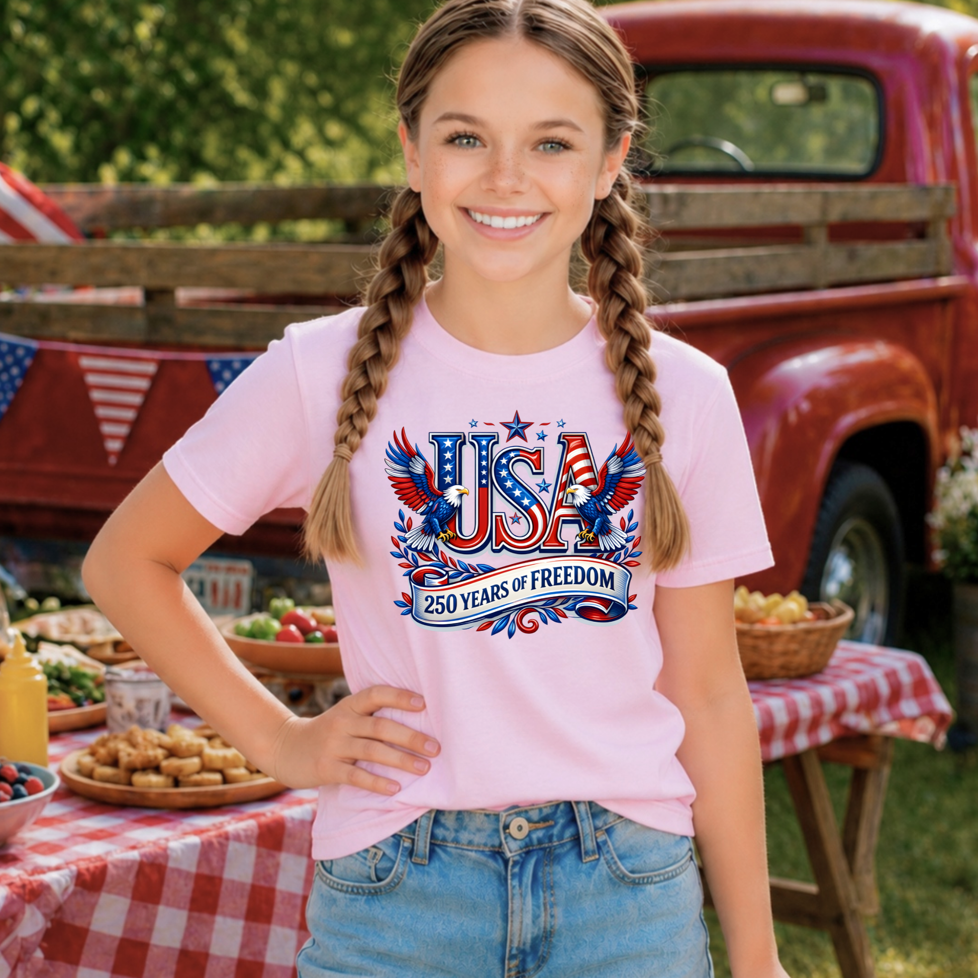 Young girl wearing a pink t-shirt with 'USA 250 Years of Freedom' design, standing in front of a red truck and outdoor table.