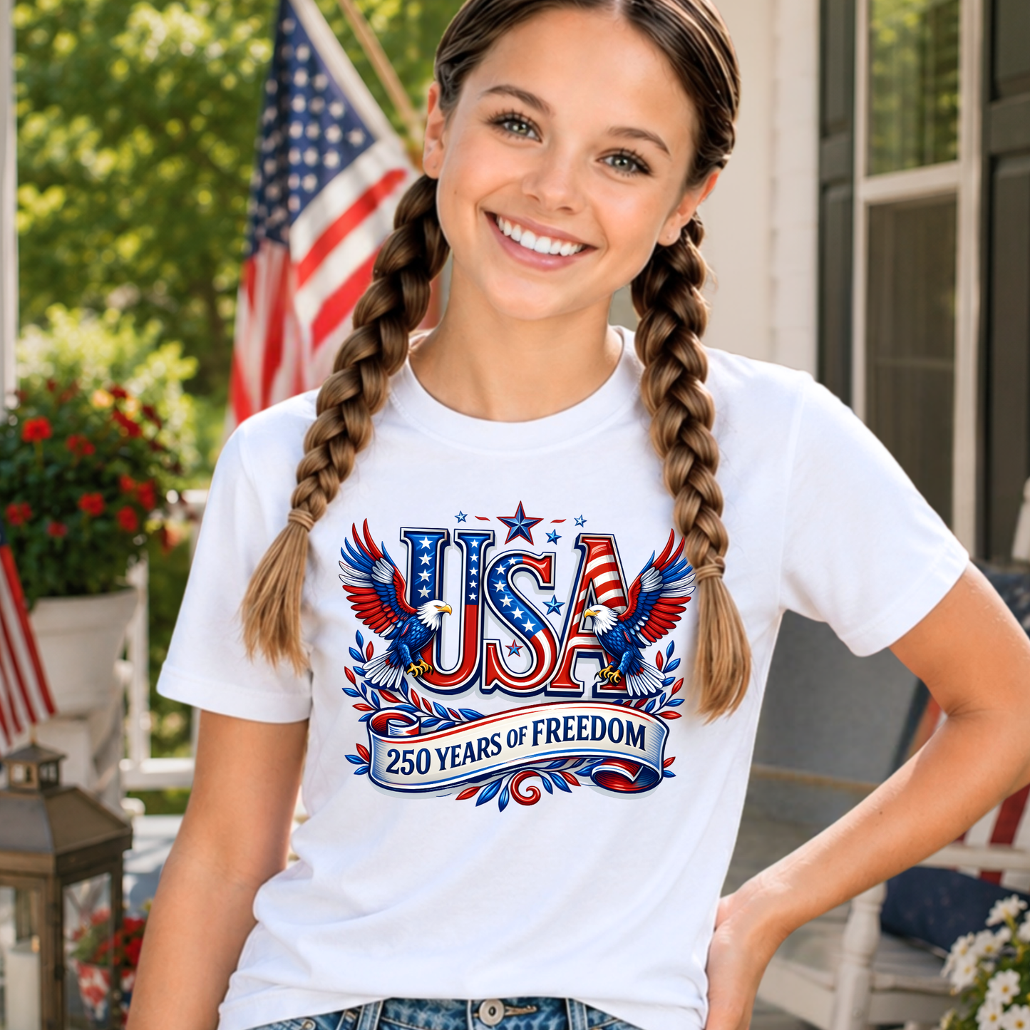 Young girl wearing a white t-shirt with 'USA 250 Years of Freedom' design, standing outdoors.