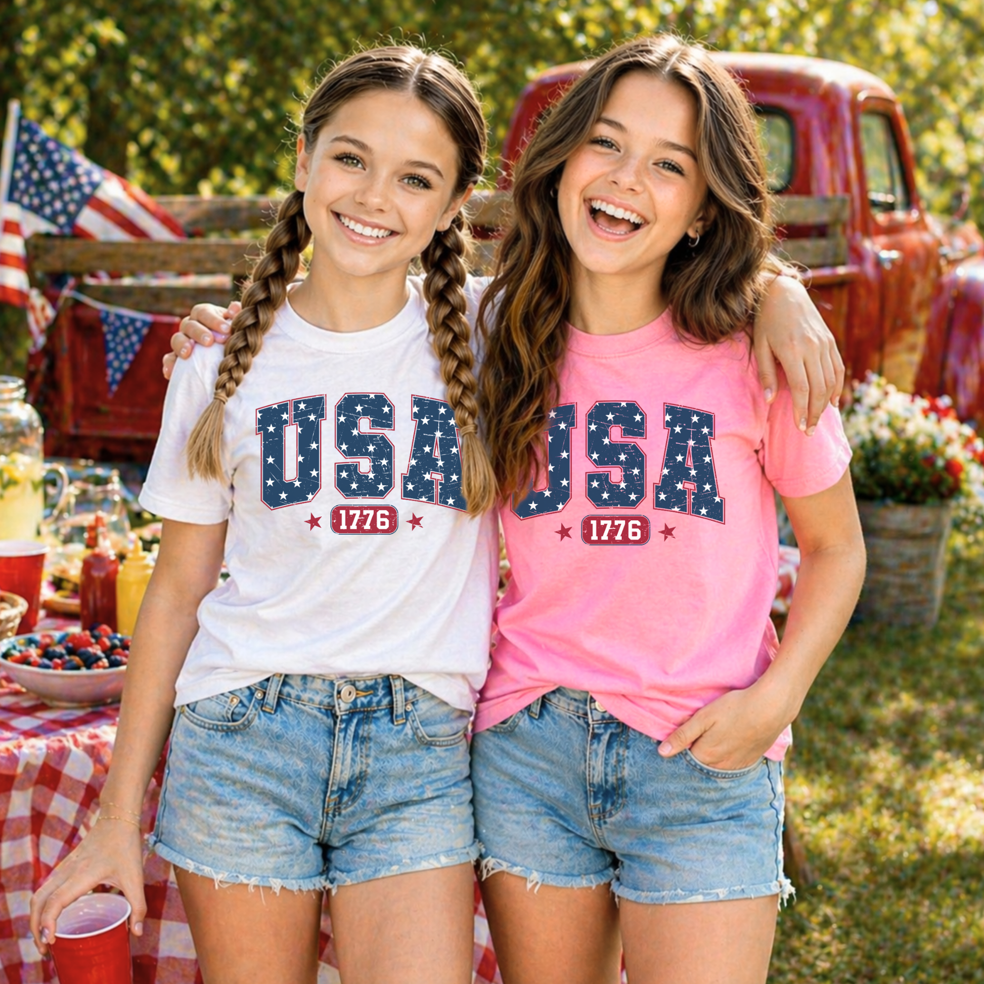 Two young girls wearing 'USA 1776' t-shirts standing outdoors with a red truck and American flags in the background.