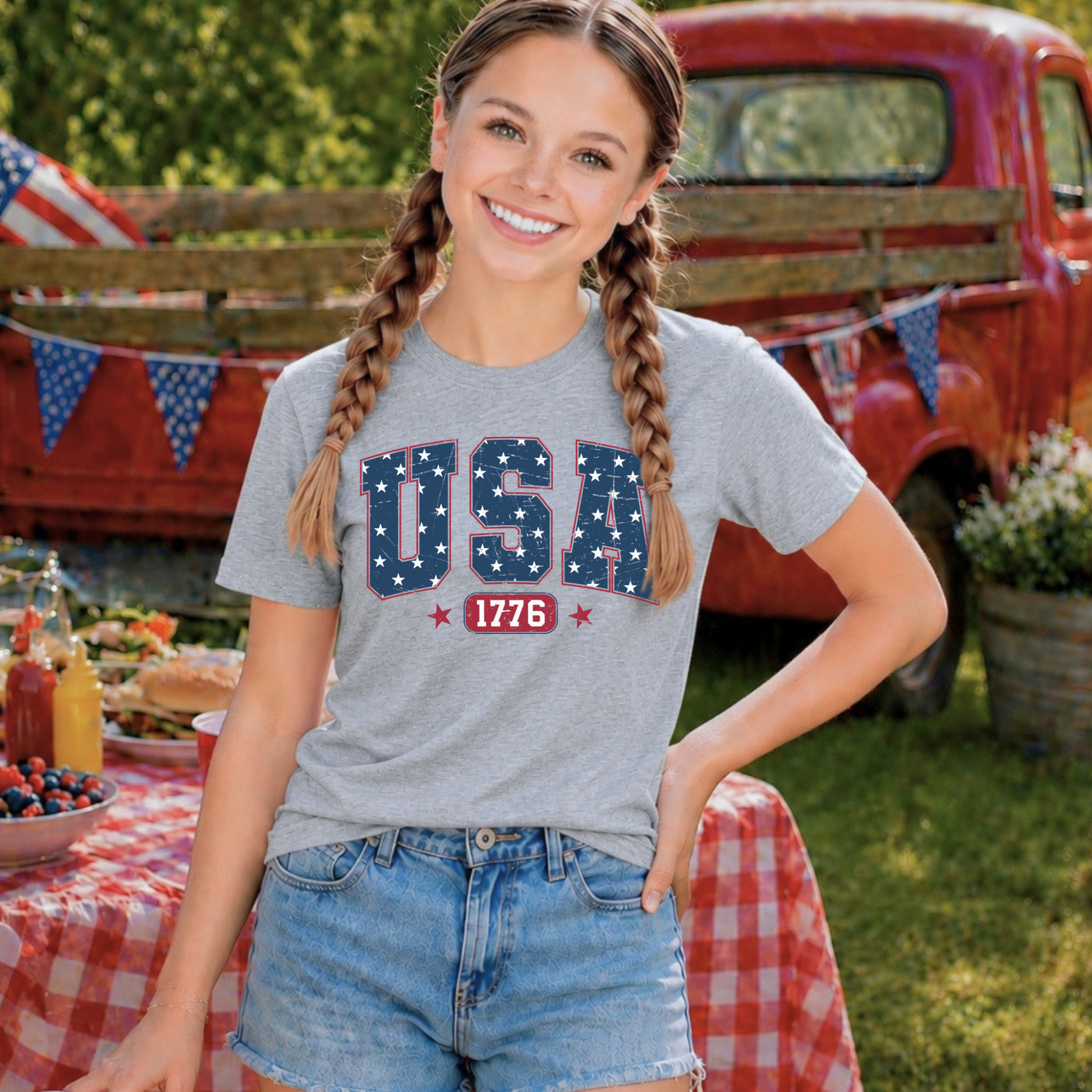 Tween Girl wearing a 'USA 1776' t-shirt in front of a red truck with American flags.