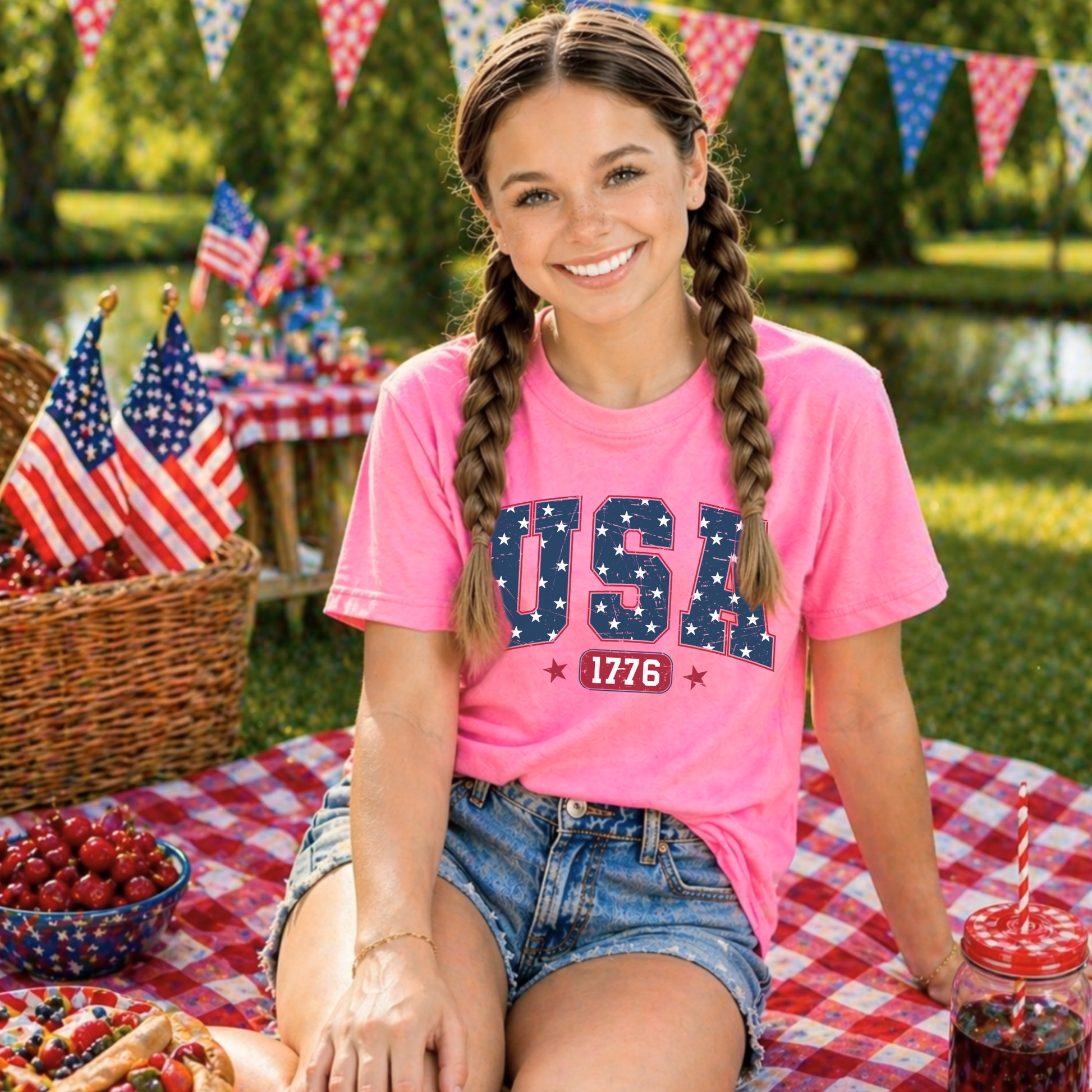 Young girl in a pink 'USA 1776' t-shirt sitting at a picnic table with American flags and food.