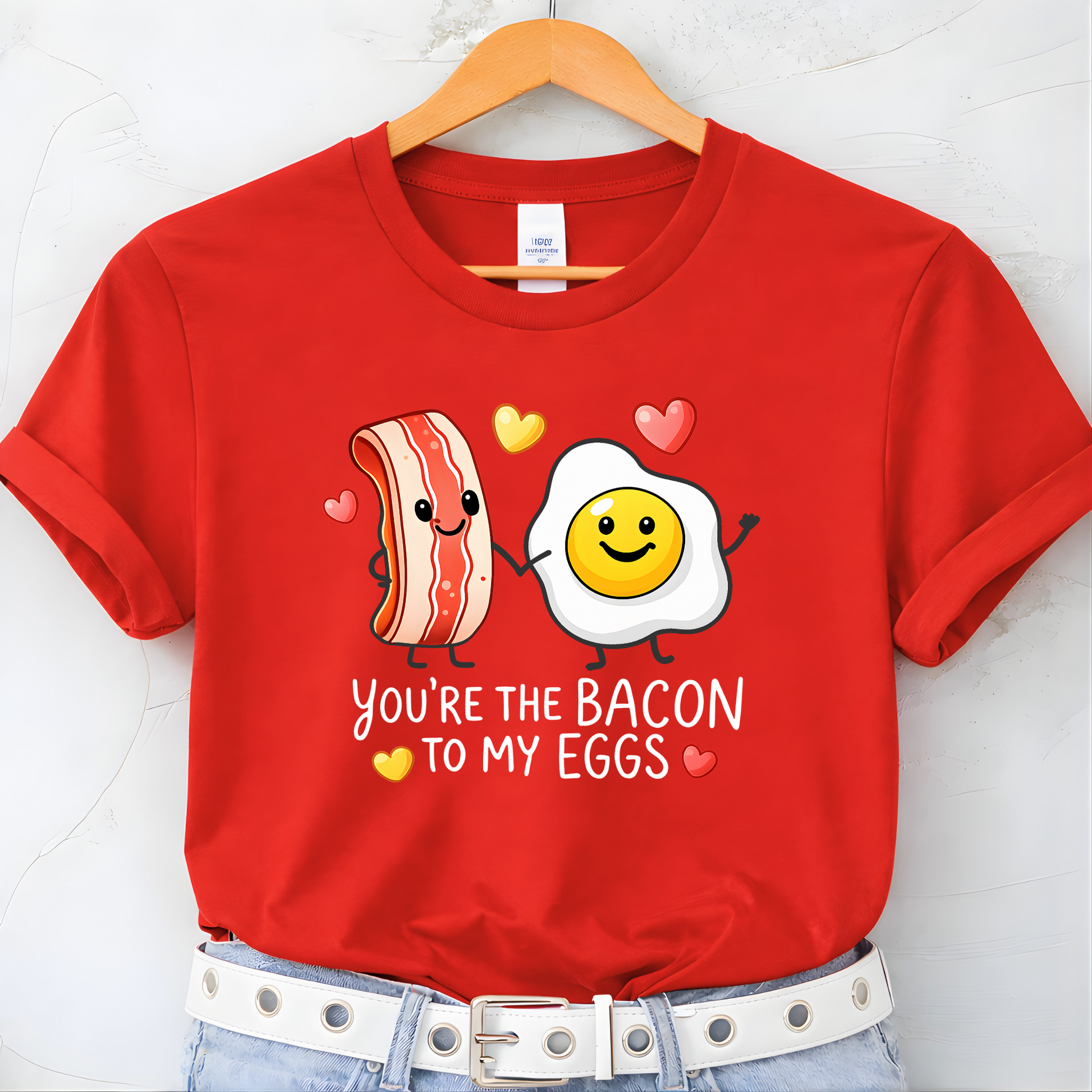 red youth valentine t shirt on hanger with you’re the bacon to my eggs graphic