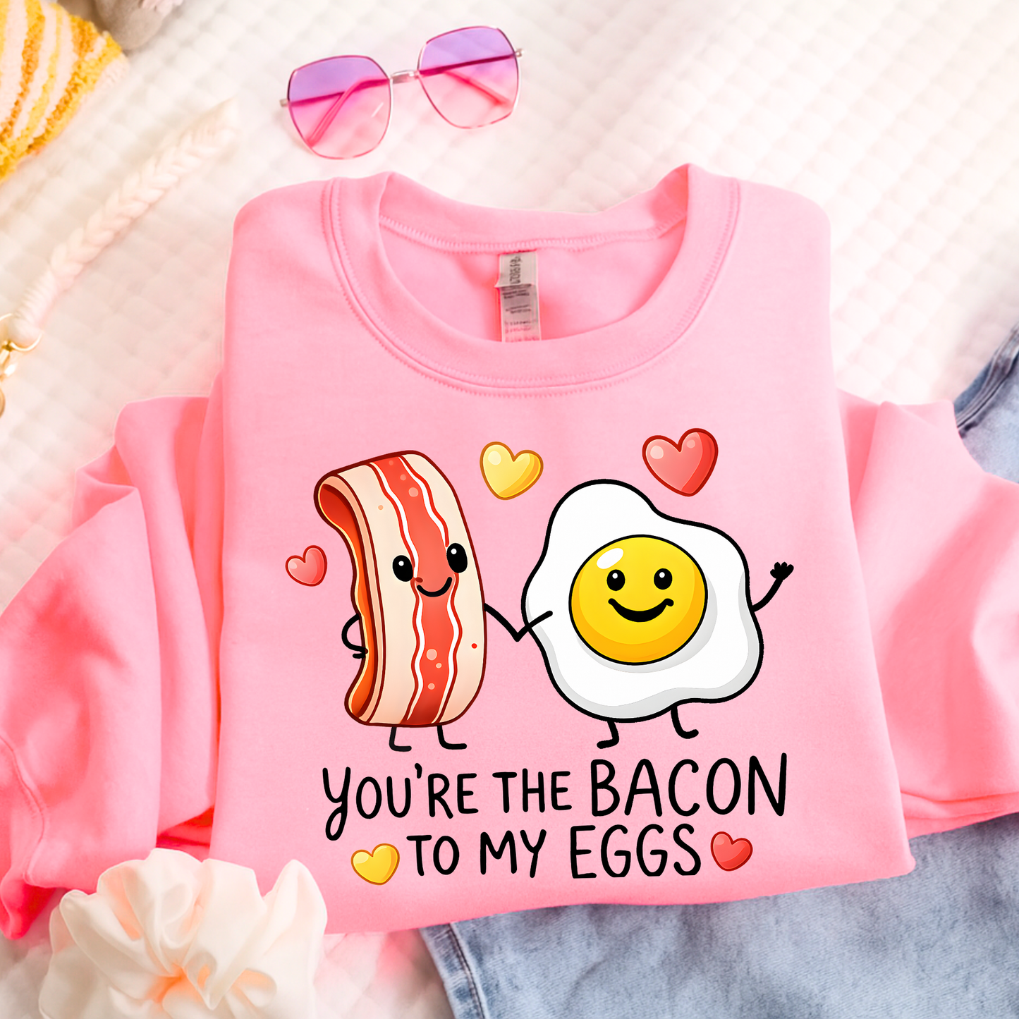 pink youth sweatshirt flat lay with bacon and egg you’re the bacon to my eggs design