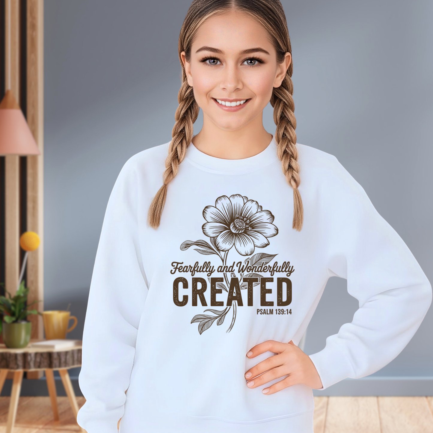 Youth girl wearing white sweatshirt with Fearfully and Wonderfully Created floral design indoors