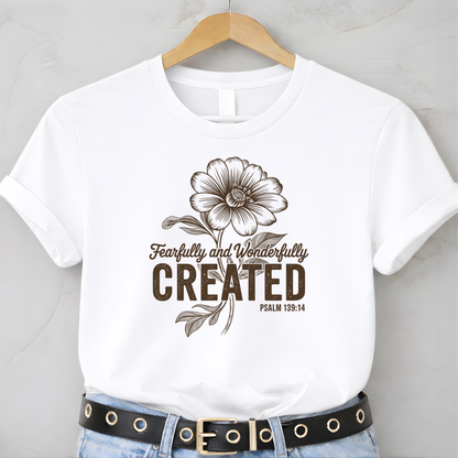 White youth t-shirt with Fearfully and Wonderfully Created floral design on hanger