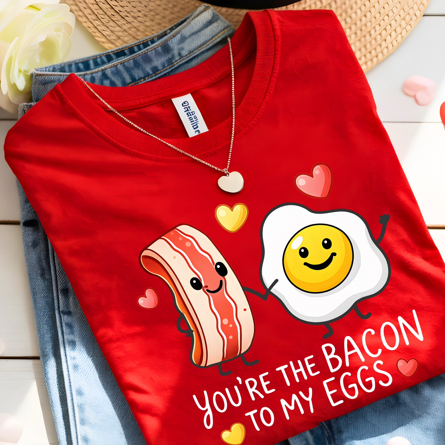 red youth shirt flat lay with bacon and egg you’re the bacon to my eggs valentine print