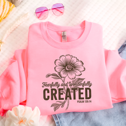 Light pink youth sweatshirt with Fearfully and Wonderfully Created floral design flat lay