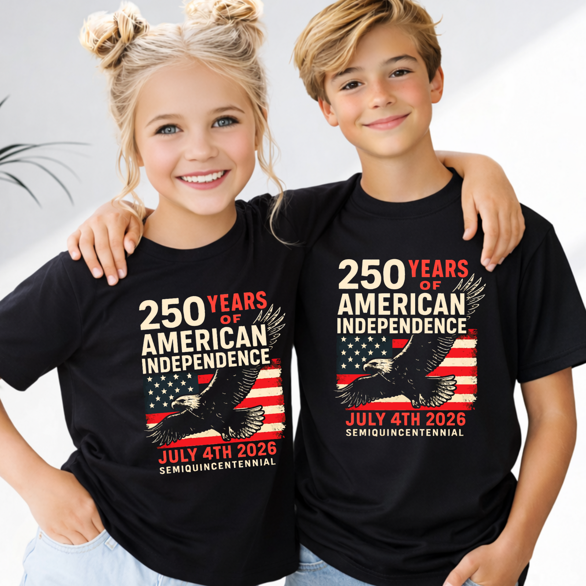 Youth boy and girl wearing matching 250 Years of American Independence patriotic shirts standing together smiling
