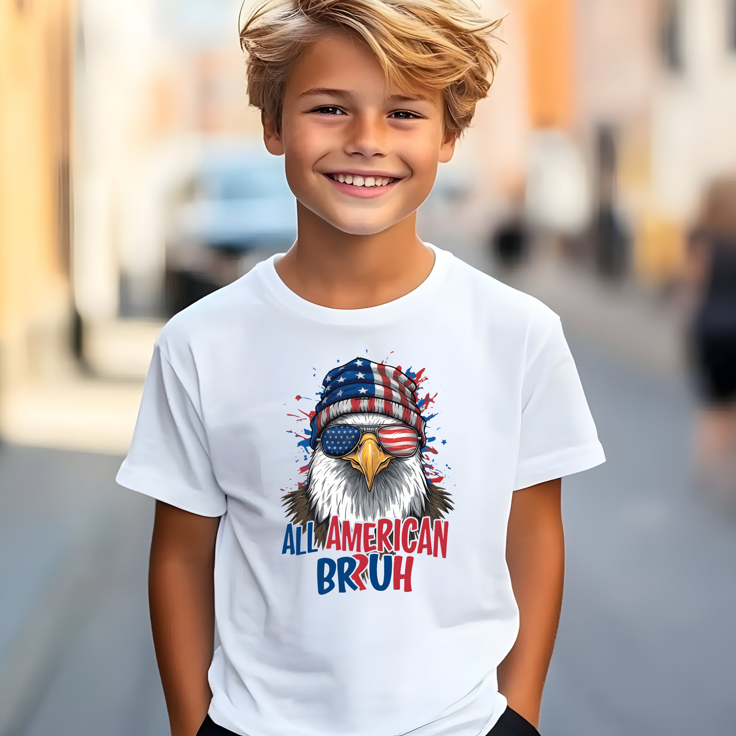 Youth boy wearing sports gray 4th of July eagle graphic t-shirt