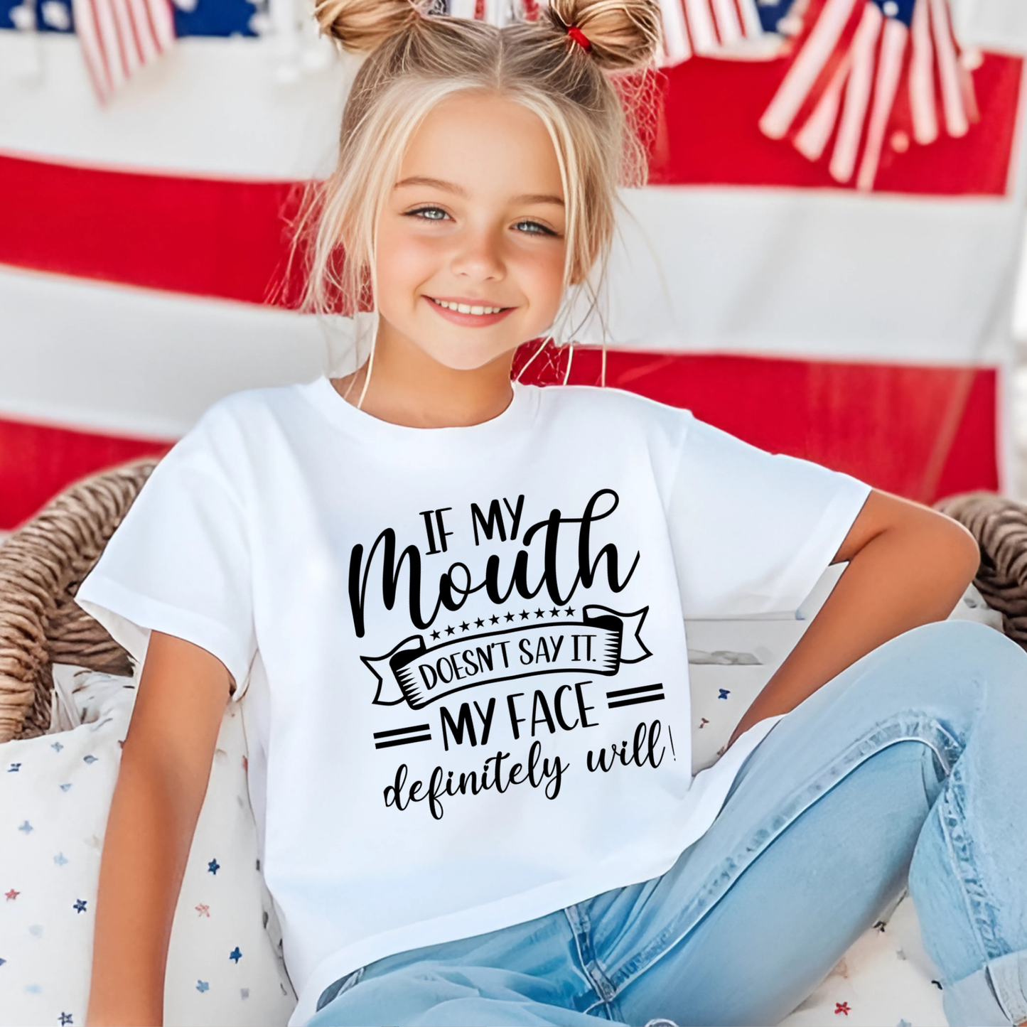 Youth girl posing in white t-shirt in front of American flag