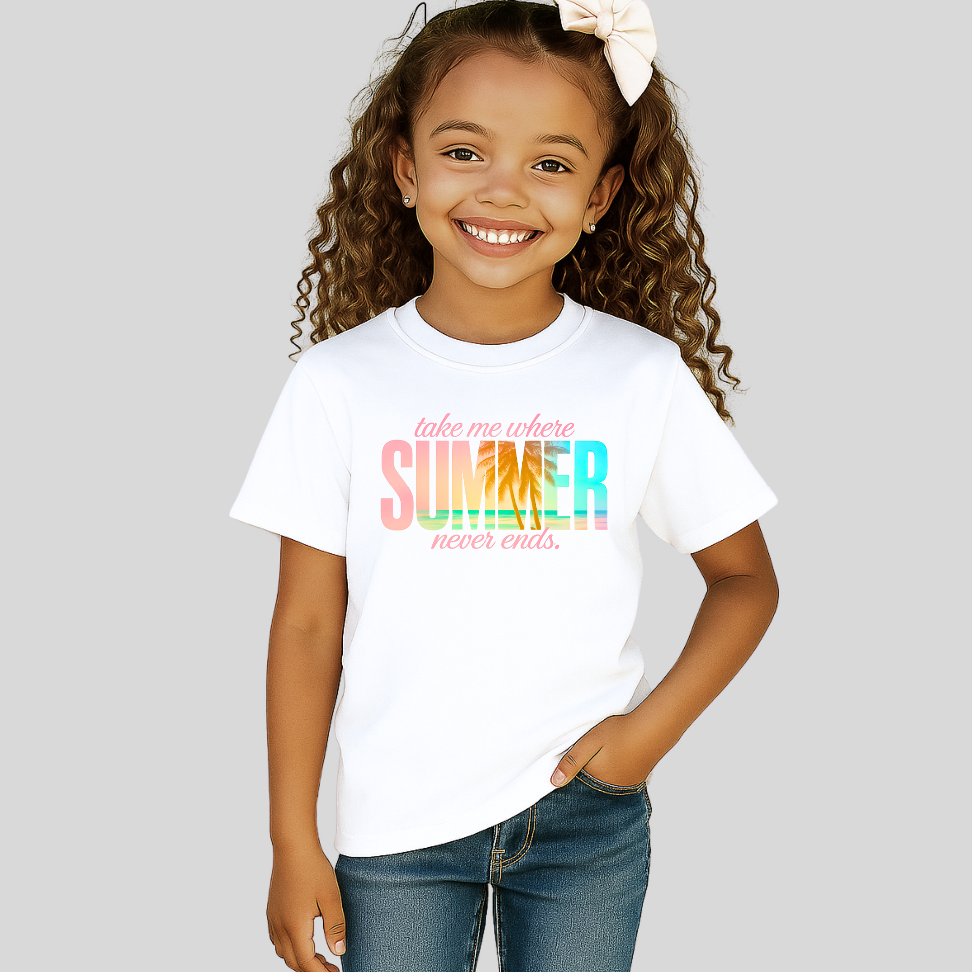 Youth girl smiling in white t-shirt with summer graphic – "Take Me Where Summer Never Ends"
