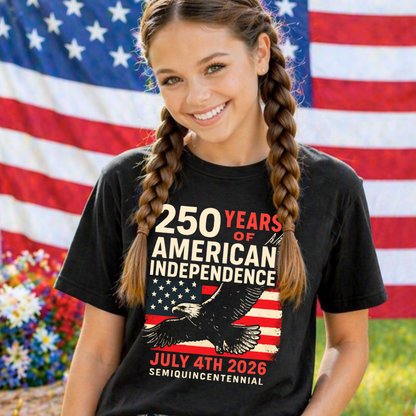 Youth girl wearing black America 250 shirt with patriotic eagle and American flag graphic celebrating July 4th 2026 semiquincentennial patriotic tshirt for girls kids and youth summer holiday outfit.