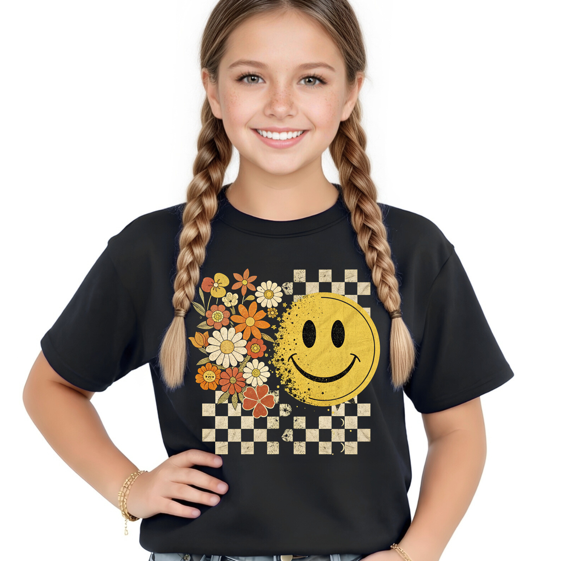 Youth girl wearing fall smiley face t-shirt with floral and checkerboard design
