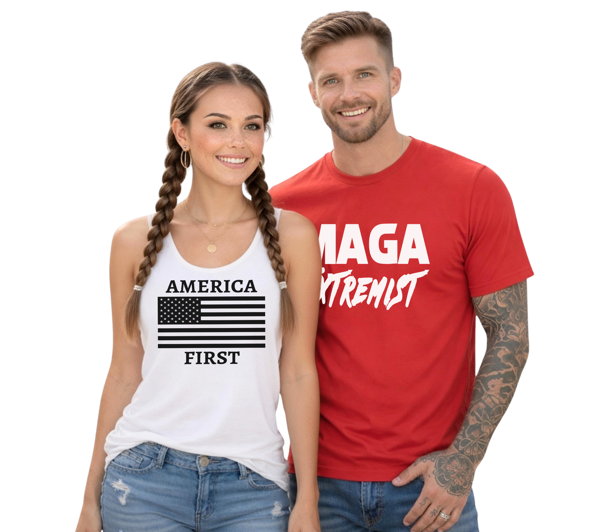 America First patriotic apparel collection featuring graphic T-shirts and tanks for men and women