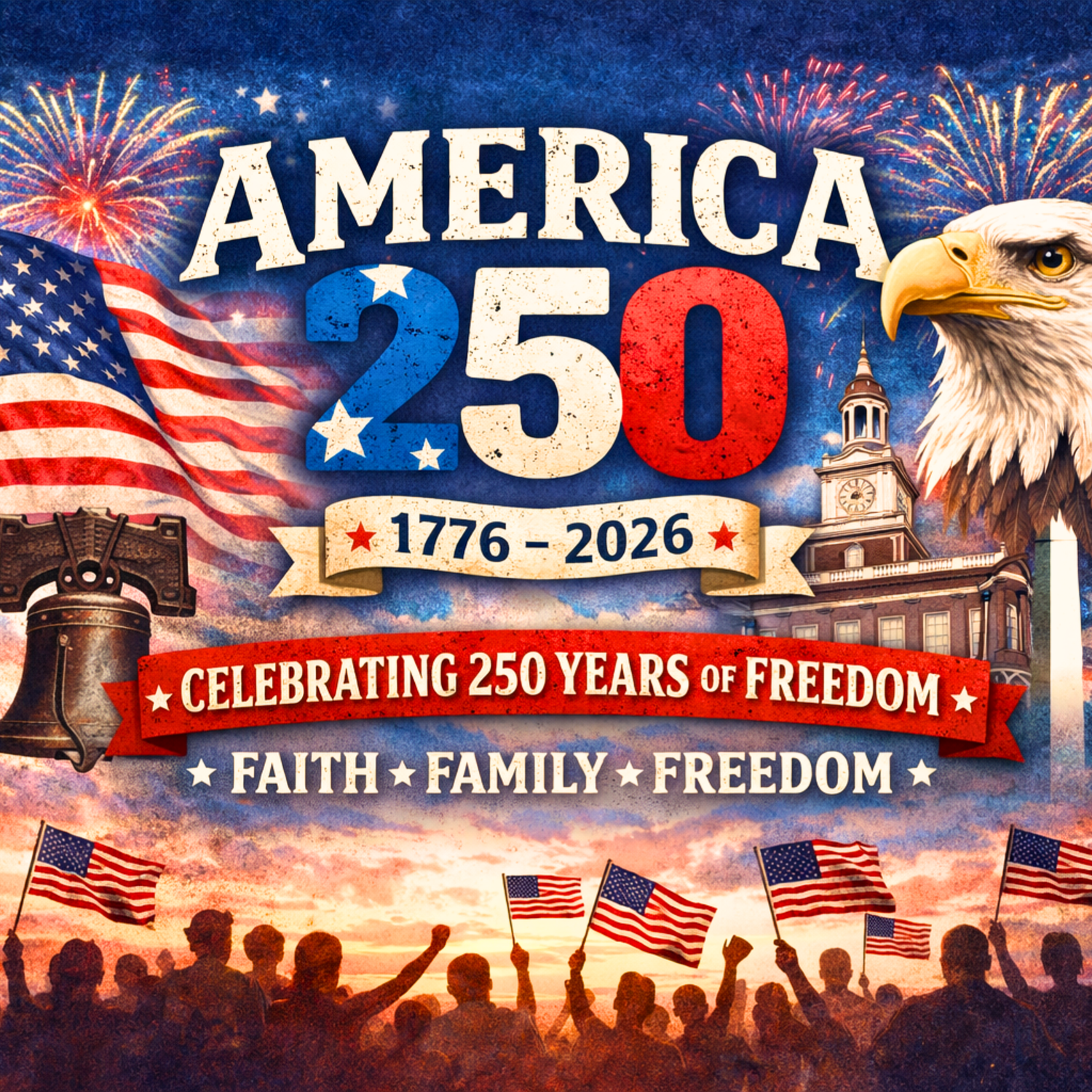  celebratory graphic for America's 250th anniversary with an eagle, flag, and crowd.