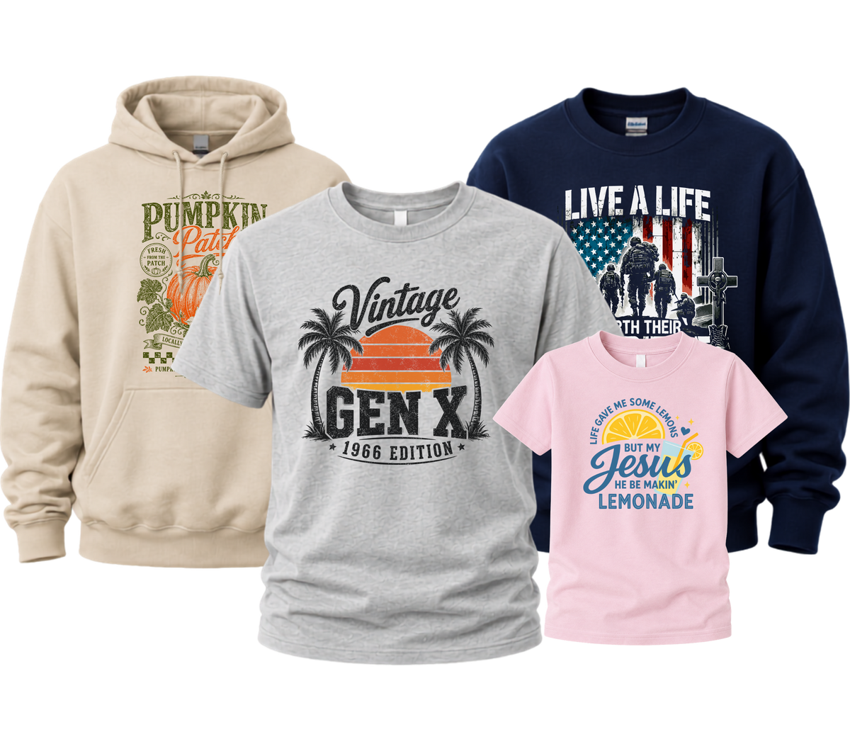 B1G1 50% off apparel collection featuring graphic T-shirts, sweatshirts and hoodies