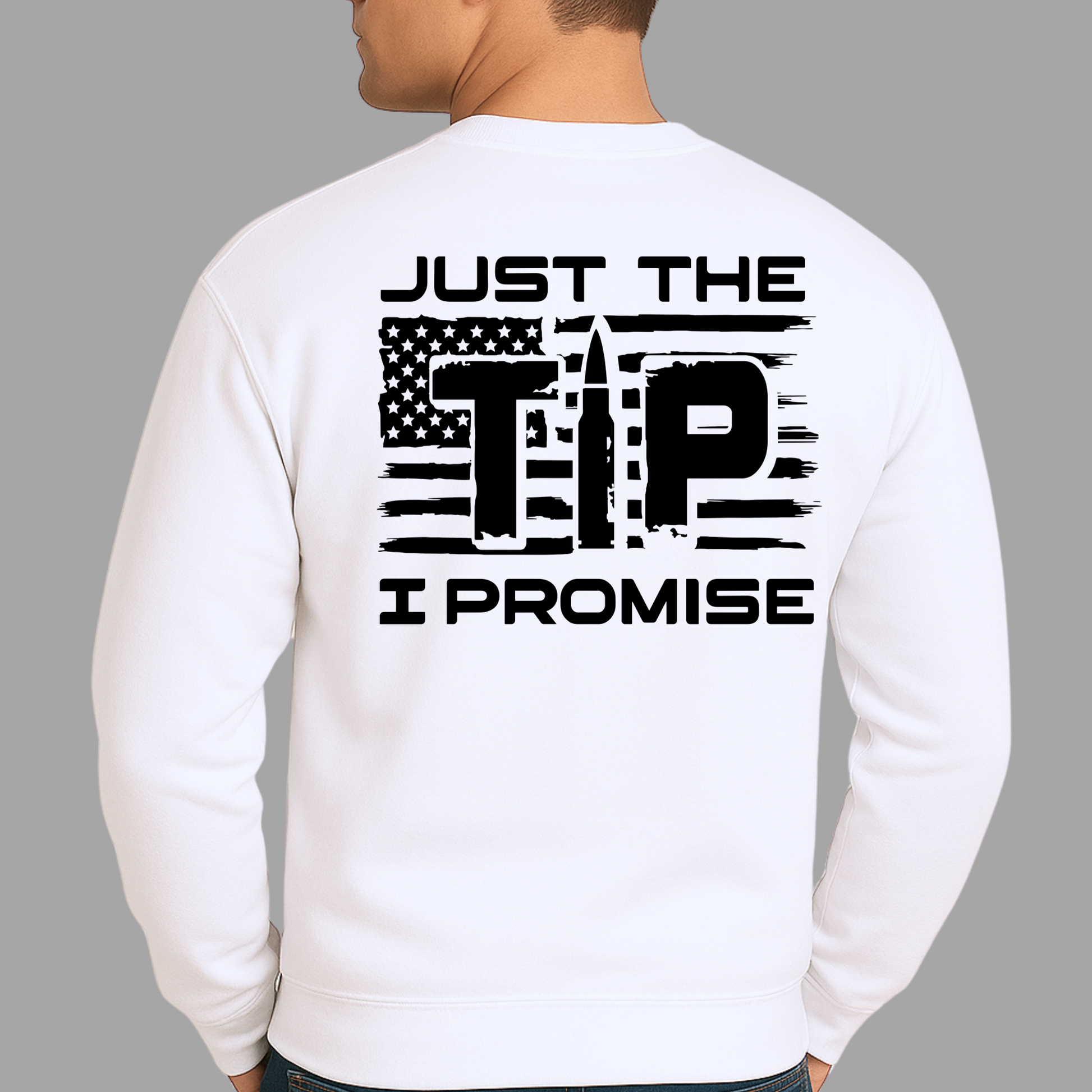 White sweatshirt with black 2nd ammendment text and graphic on the back, worn by a person against a gray background