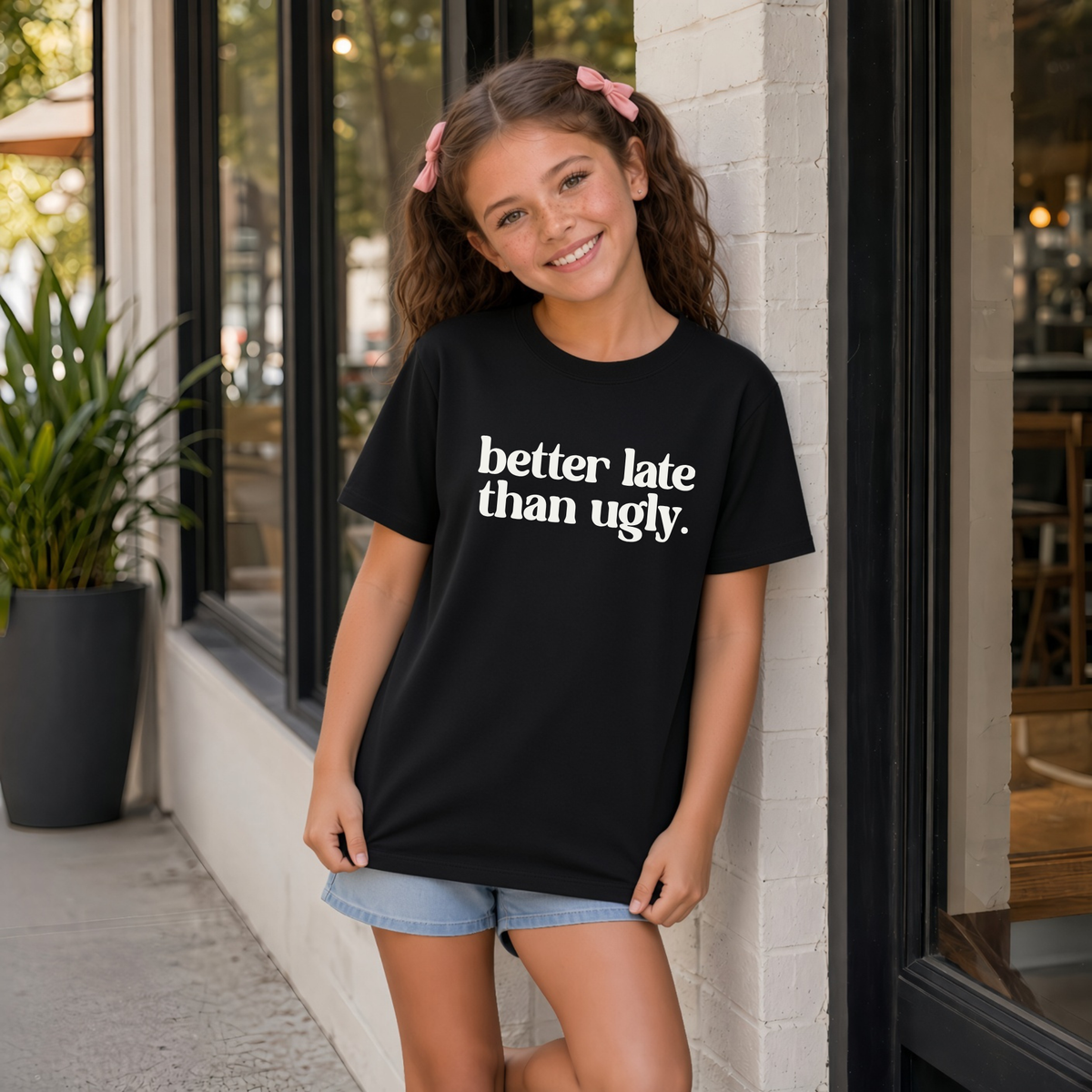 Young girl wearing a black short-sleeve Better Late Than Ugly T-shirt with white lettering outside a modern storefront.