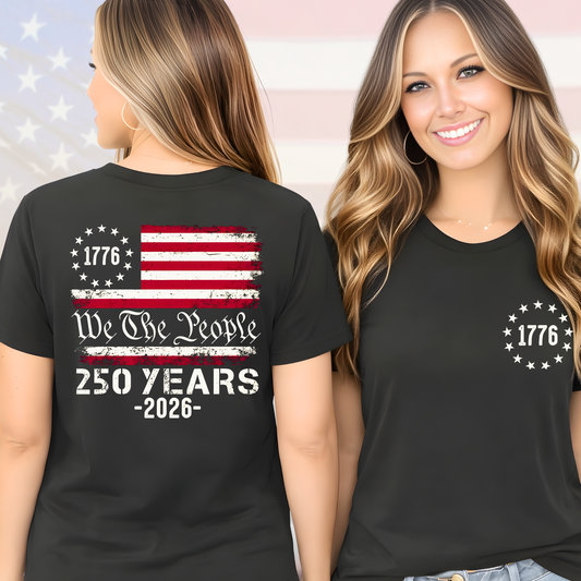 We the people Black t-shirt with American flag and text design worn by a woman