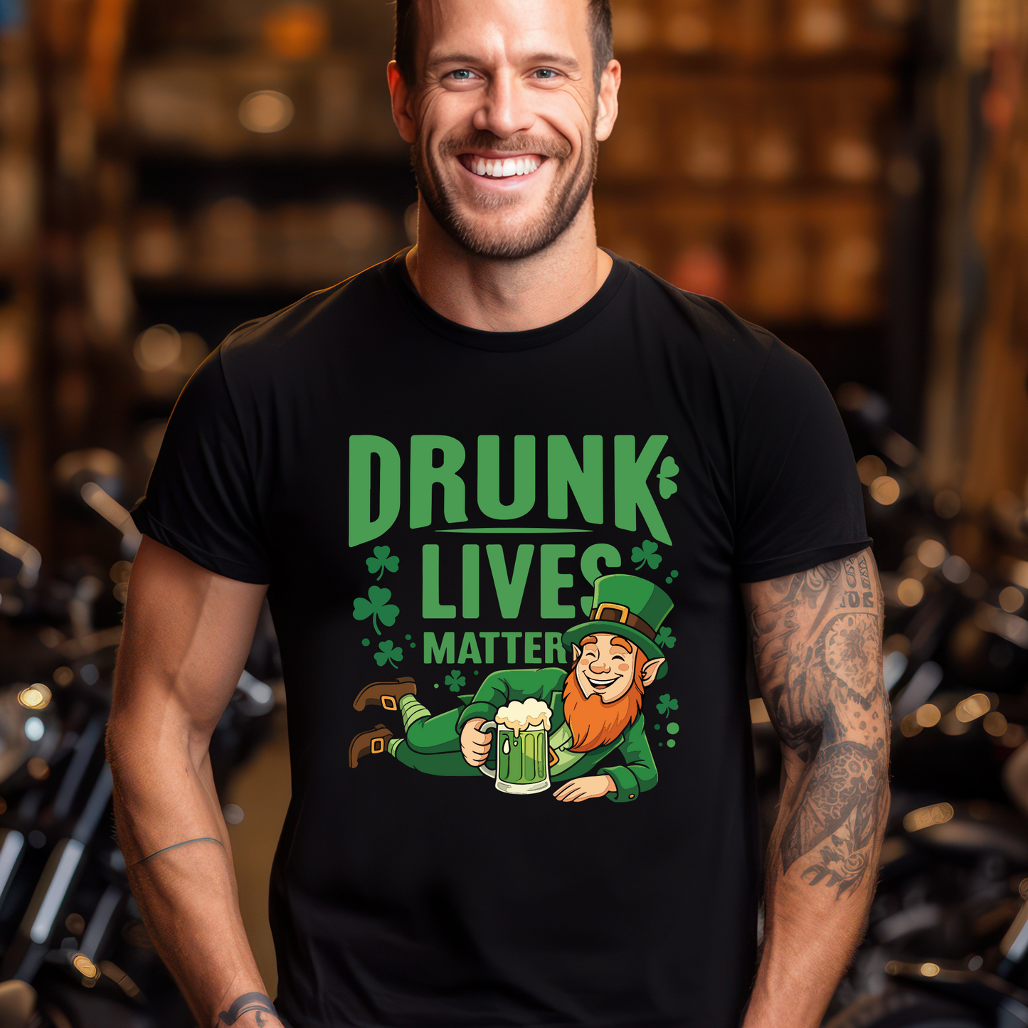 Man wearing a black Drunk Lives Matter Tshirt with a leprechaun holding a beer mug