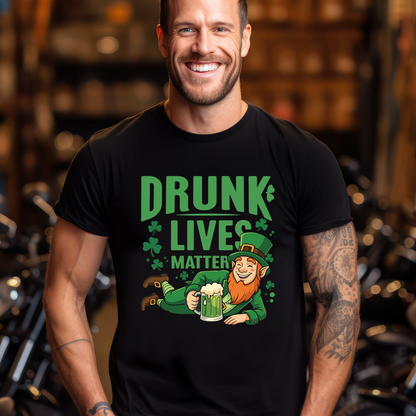 Man wearing a black Drunk Lives Matter Tshirt with a leprechaun holding a beer mug