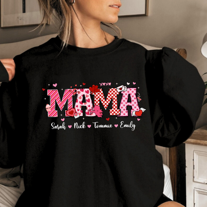A black sweatshirt with a personalized Valentine's Day design, including the name 'NANA' in a decorative font, surrounded by heart shapes and small decorative elements.