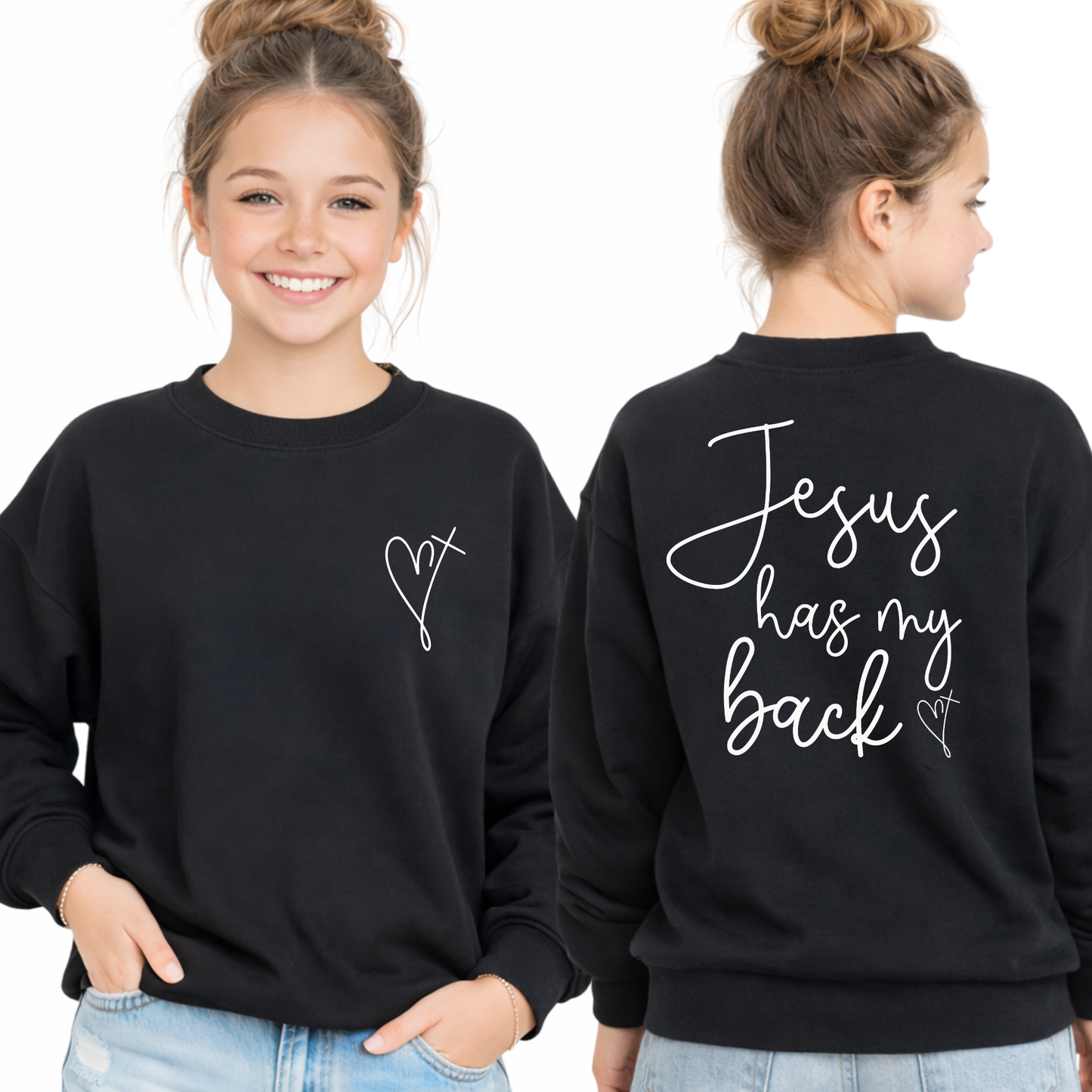 Girls black crewneck sweatshirt front and back Jesus has my back Christian youth sweatshirt