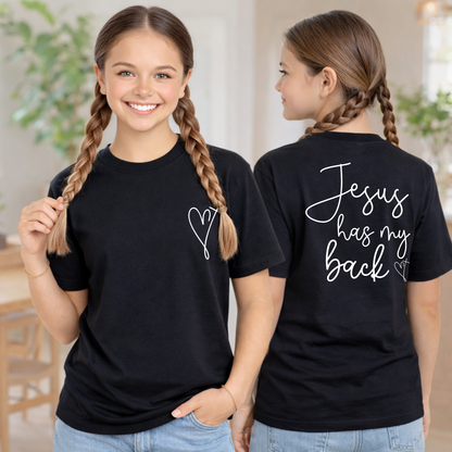 Girls black Christian t-shirt front and back view Jesus has my back design youth faith shirt