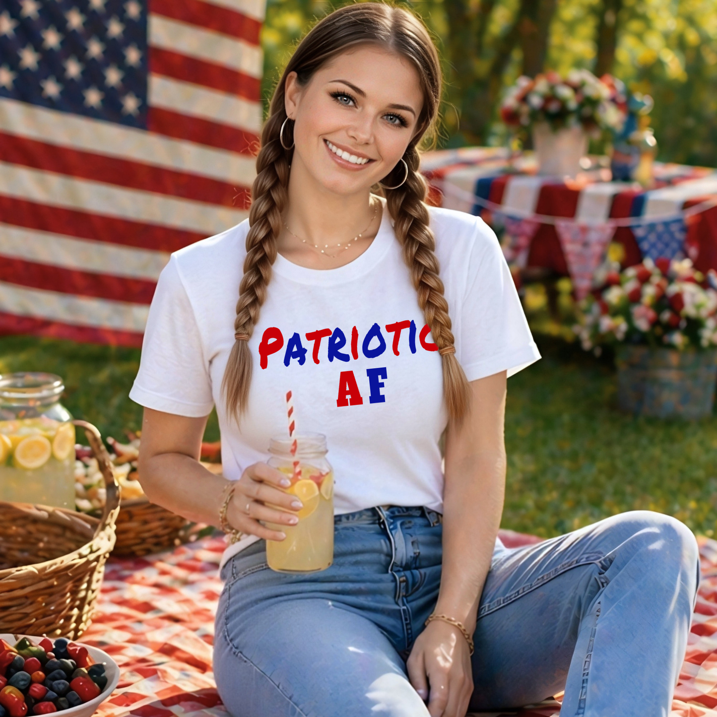 Woman sitting outdoors at a picnic with 'Patriotic AF' shirt, American flag in background
