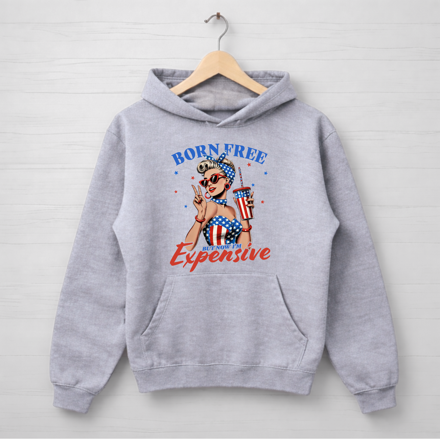 gray hoodie with graphic design "Born Free but now Im expensive .
