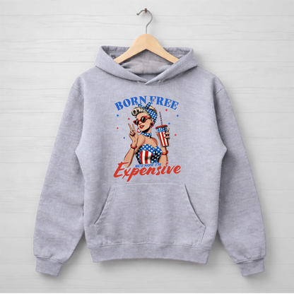 gray hoodie with graphic design "Born Free but now Im expensive .