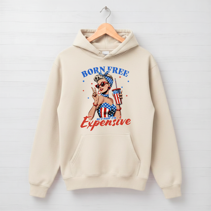 Beige hoodie with graphic design "Born Free but now Im expensive .