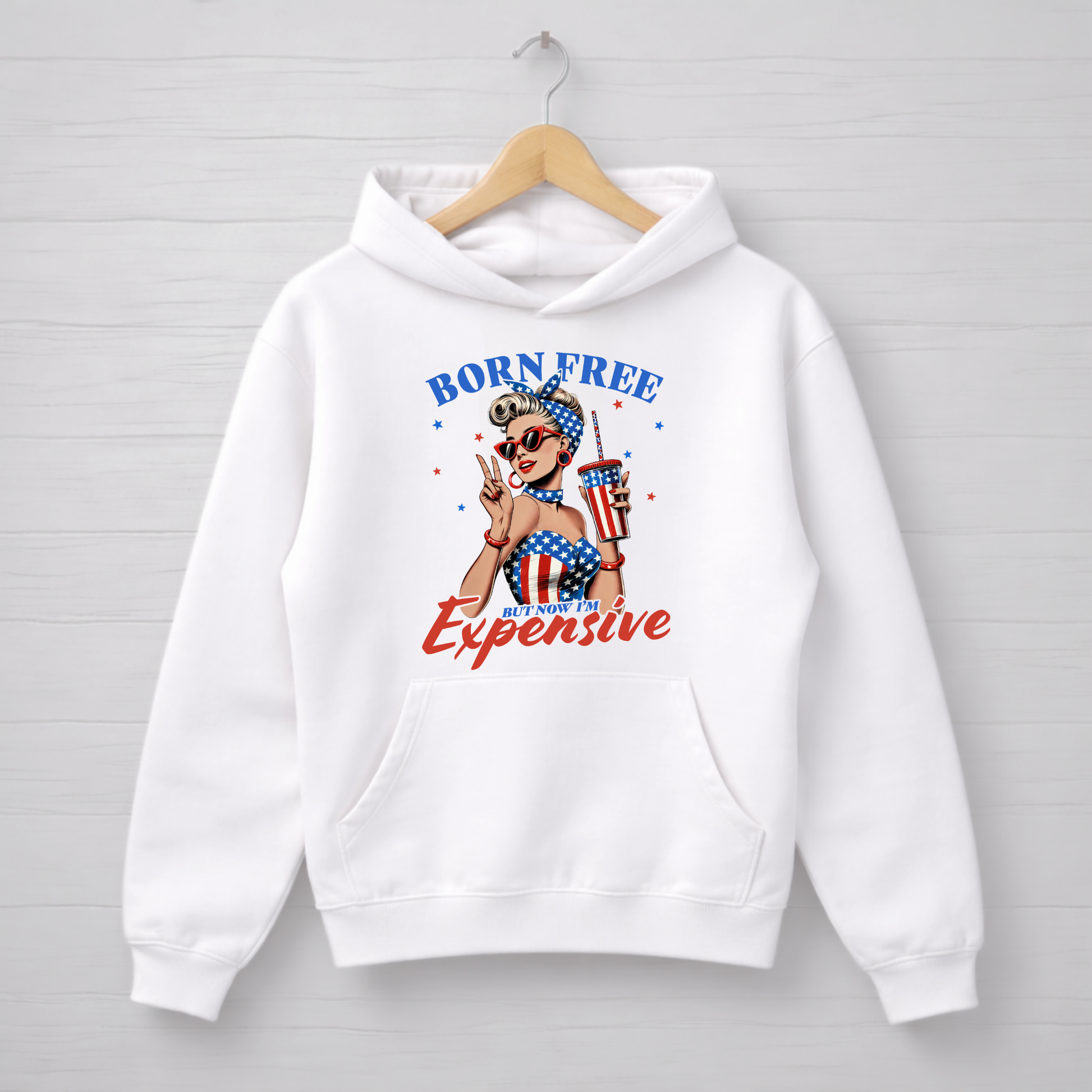 White hoodie with graphic design "Born Free but now Im expensive .