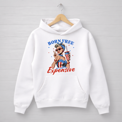 White hoodie with graphic design "Born Free but now Im expensive .