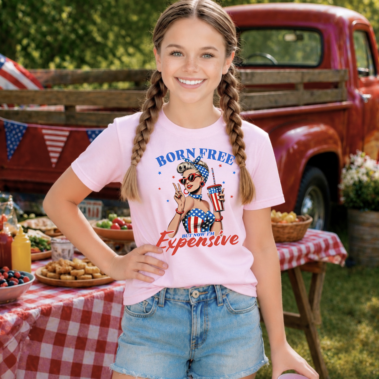 Girl wearing a 'Born Free, BUT NOW I'M Expensive' t-shirt with a vintage truck at a 4th of July Celebration
