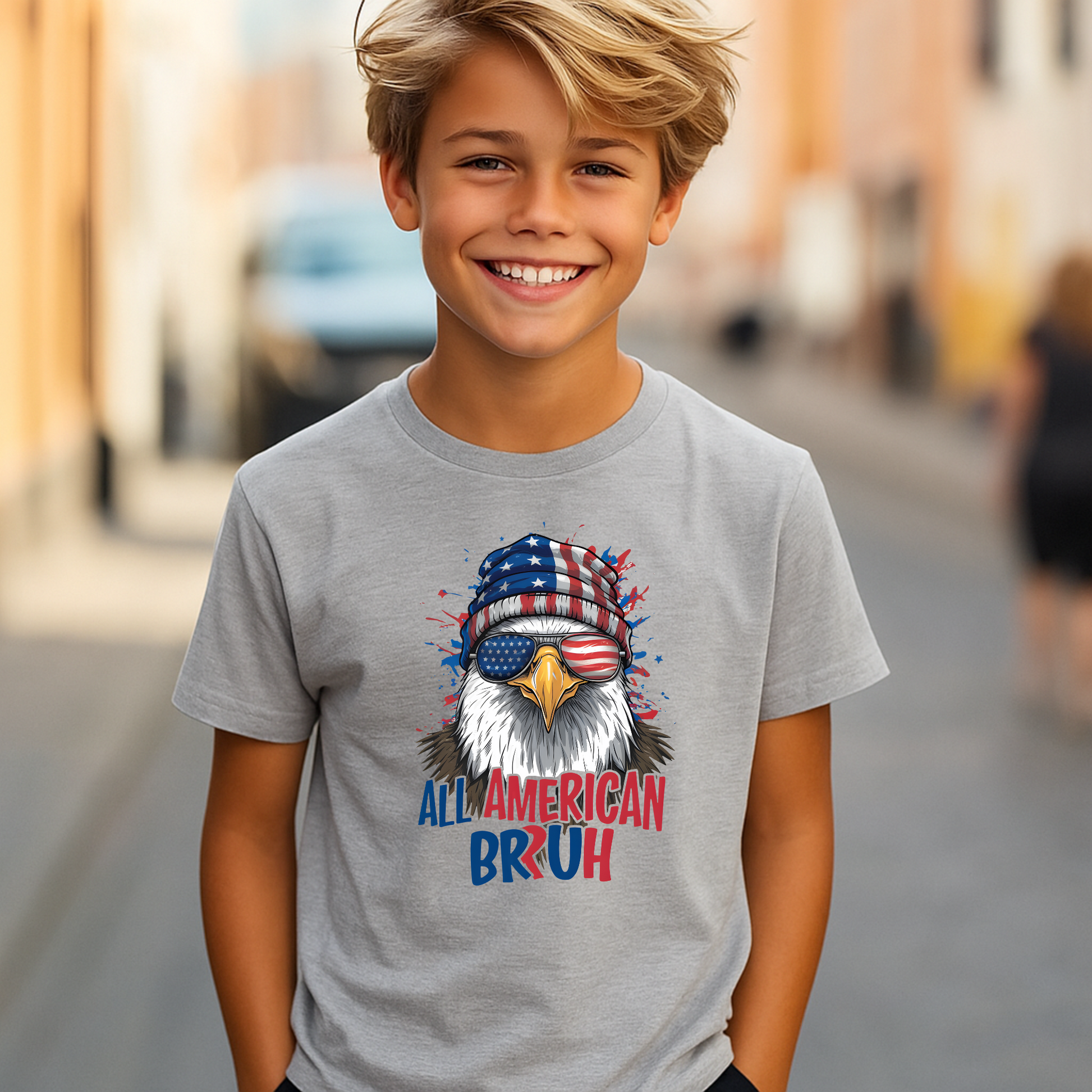 Youth boy wearing sports gray 4th of July eagle graphic t-shirt