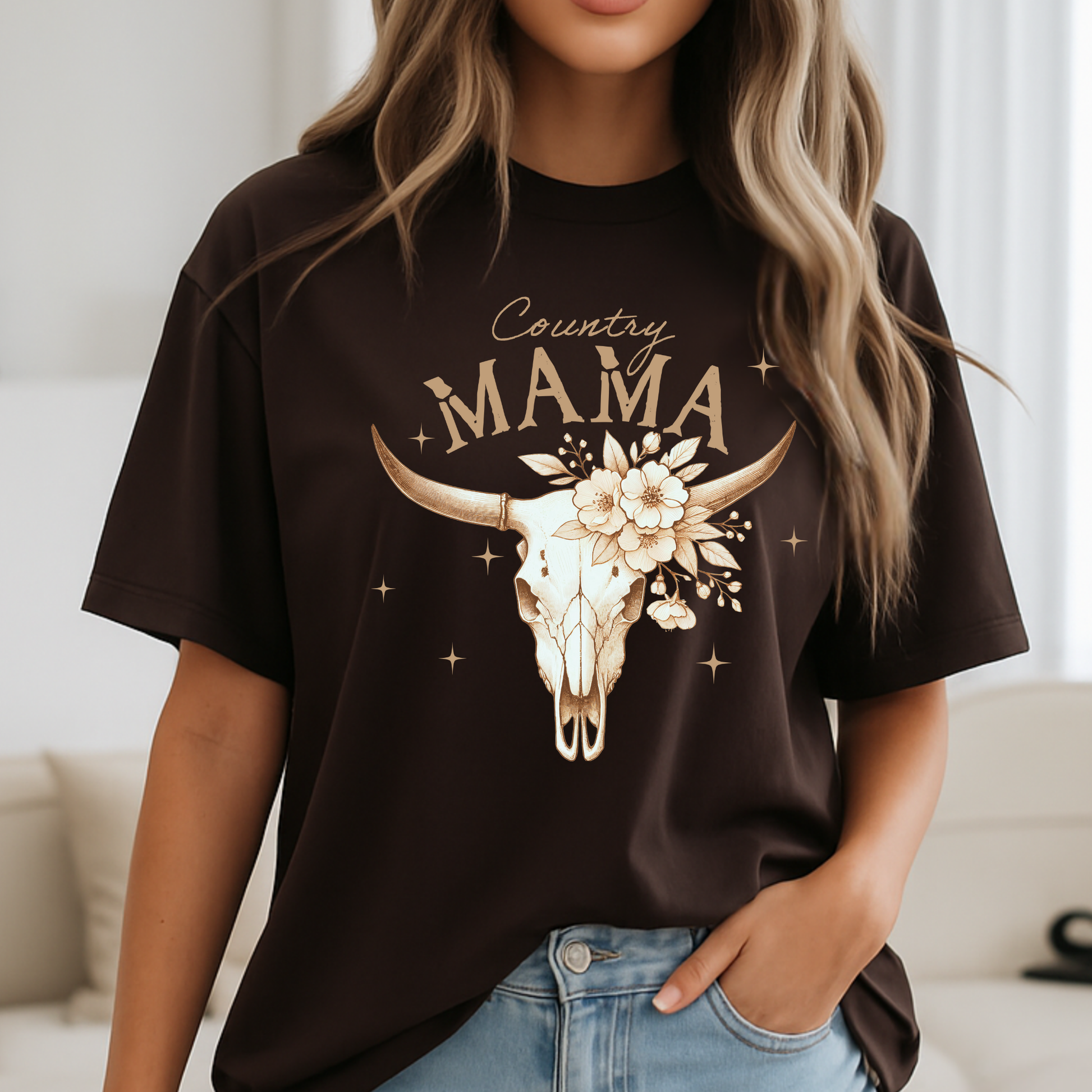 Lifestyle shot of relaxed fit brown "Country Mama" shirt with natural lighting

