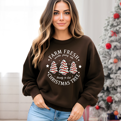 Brown holiday sweatshirt modeled indoors