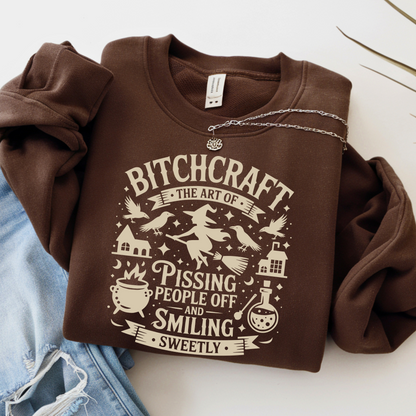 Brown Bitchcraft sweatshirt with funny witchy graphic