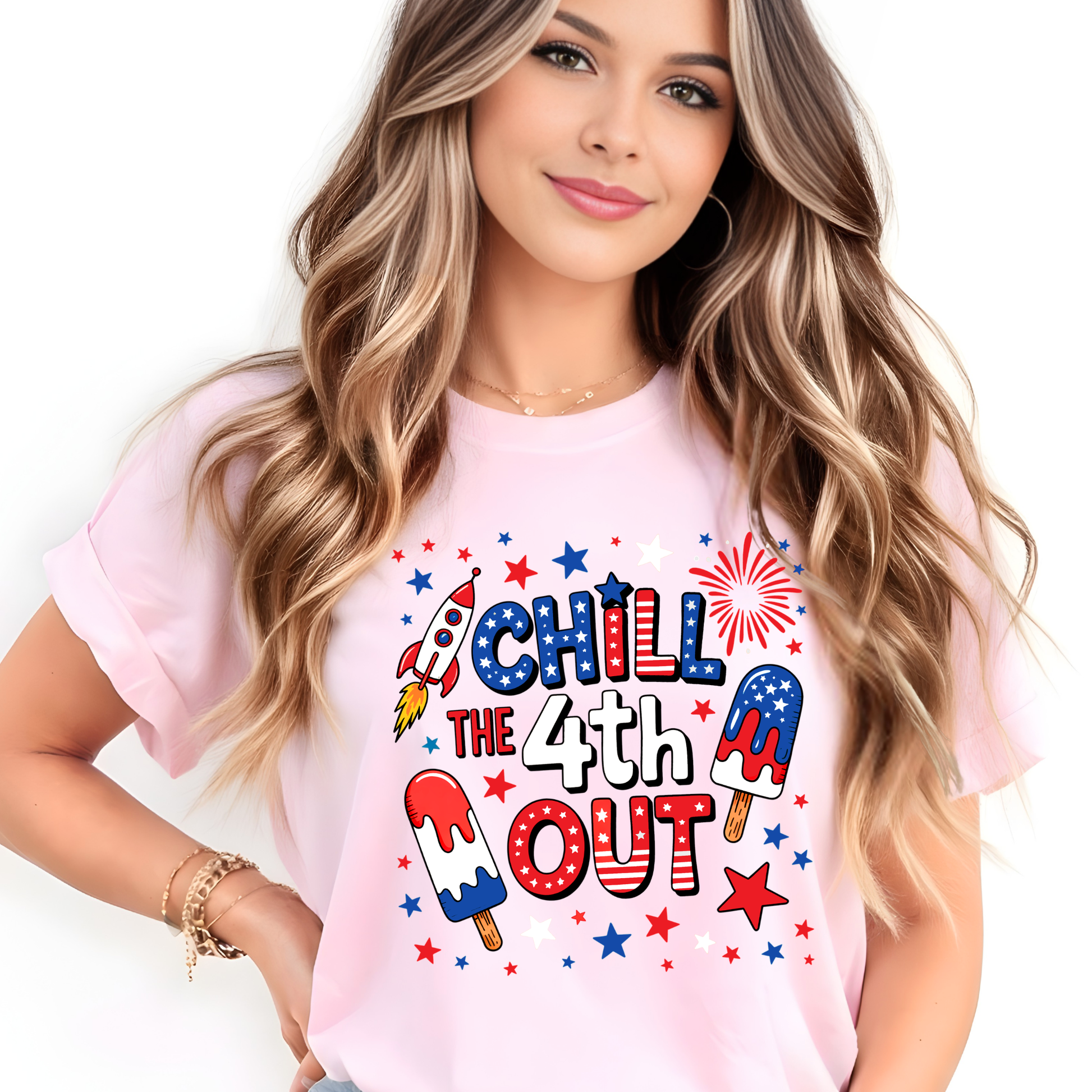 Chill the 4th Out funny patriotic t-shirt in light pink with stars and stripes ice pop graphic – women's 4th of July shirt
