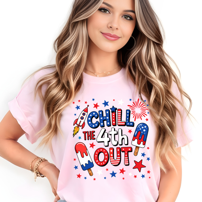 Chill the 4th Out funny patriotic t-shirt in light pink with stars and stripes ice pop graphic – women's 4th of July shirt
