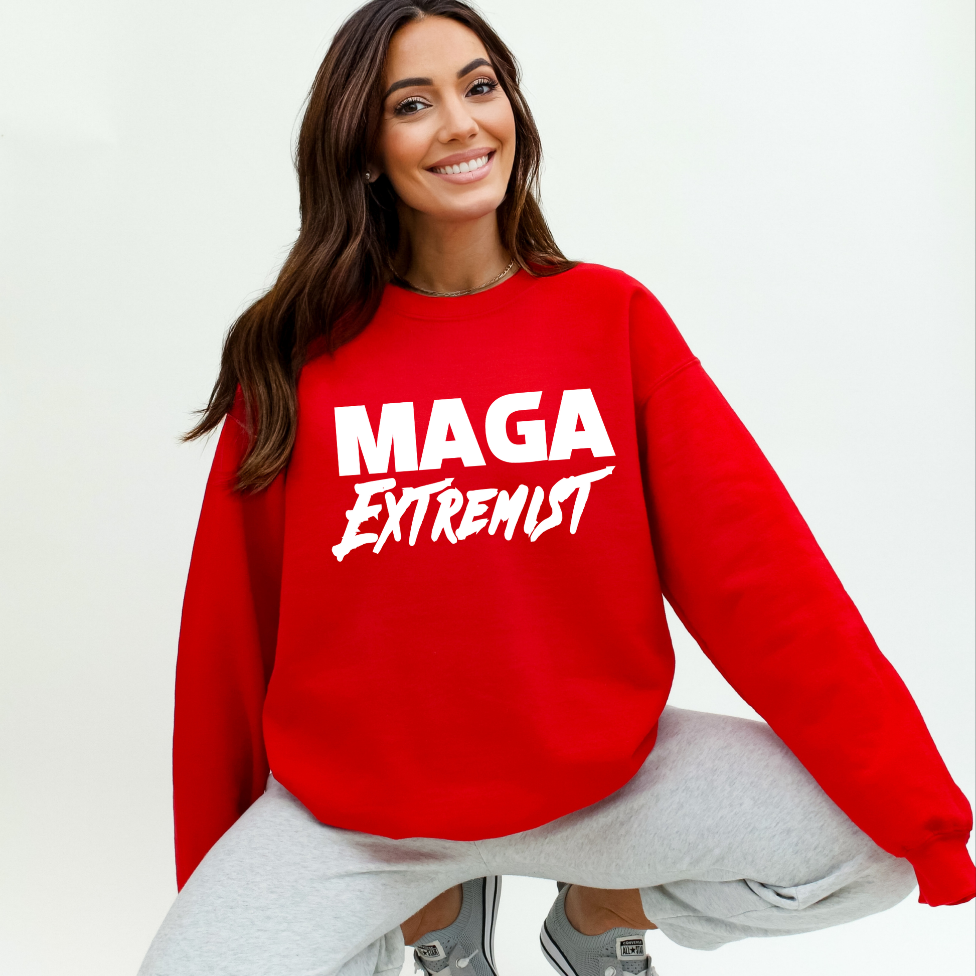 Red crewneck sweatshirt for conservative women with MAGA design