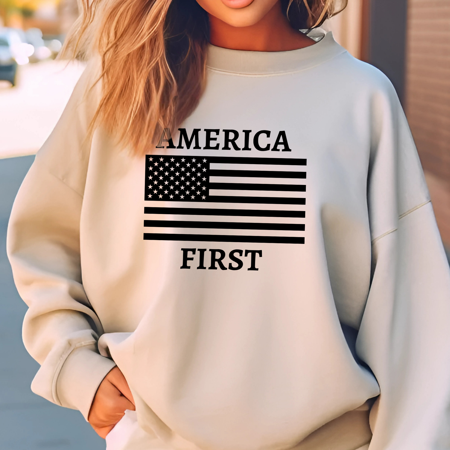 Sand color crewneck sweatshirt with black America First flag